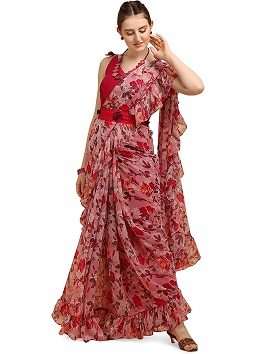 Womanista Floral Printed Ruffle Saree