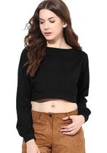 Miss Chase Round Neck Full Sleeves Solid Crop Top